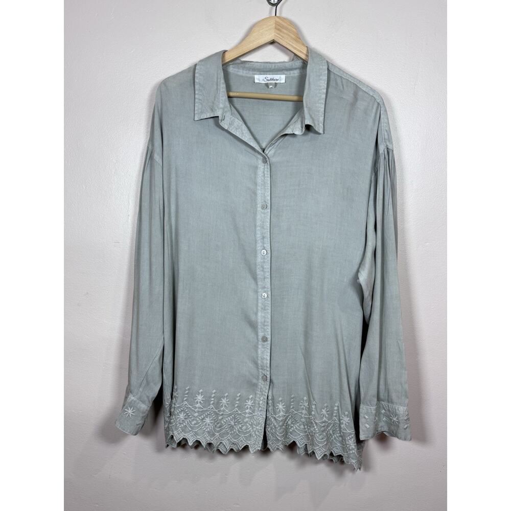 Solitaire Womens Plus Size Button Down Blouse Tunic Embroidered Hem 1X Boho